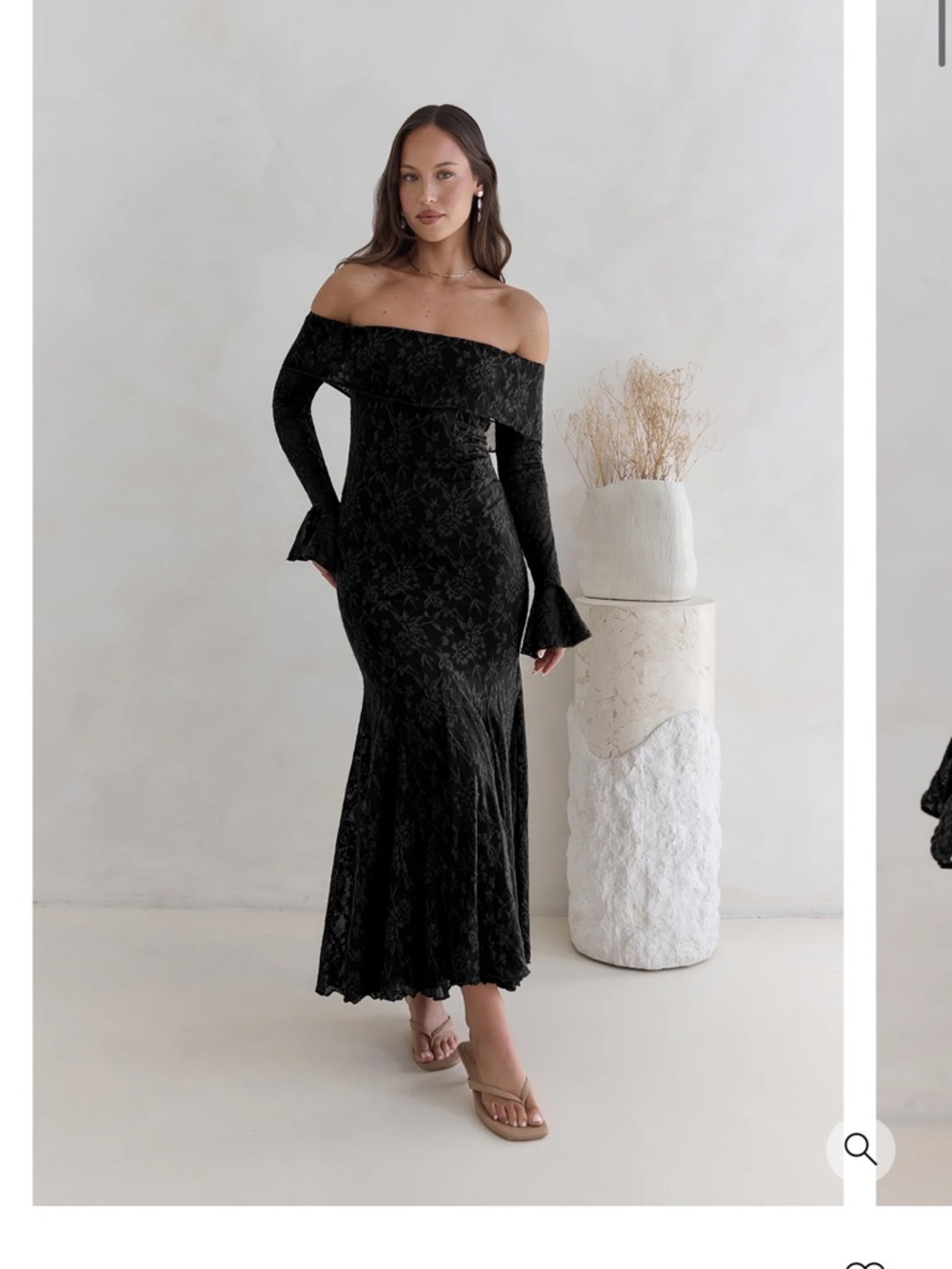 Off-Shoulder Black Lace Long-Sleeve Evening Gown